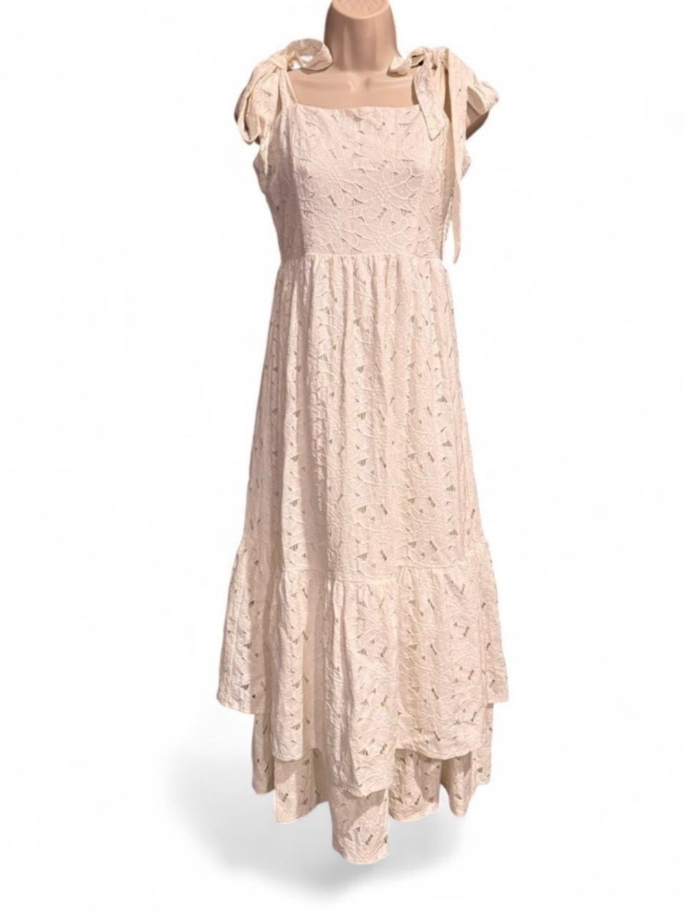 A. Calin Flying Tomato Anthropology Tie Shoulder Lace Midi Tiered Dress Cream M
